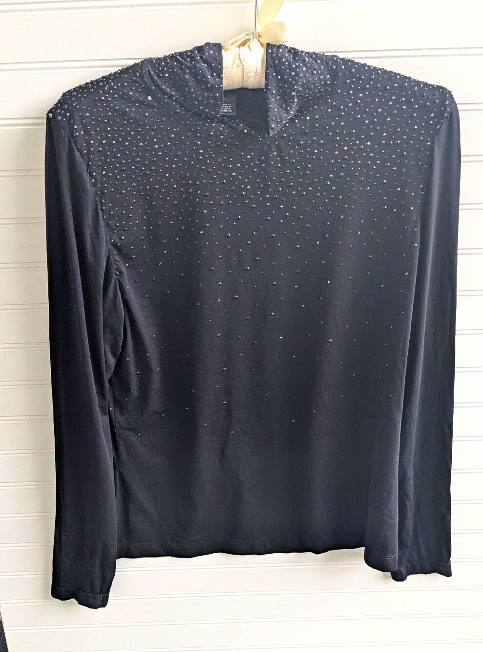 St. John Black Rhinestone Beaded Mock Neck Long Sleeve Knit Stretch Top XL